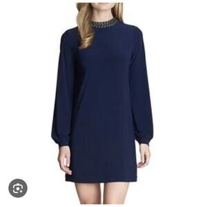 CYNTHIA STEFFE Shift Dress SZ S Jewel Mock Neck Blue Long Sleeve Mini Dress